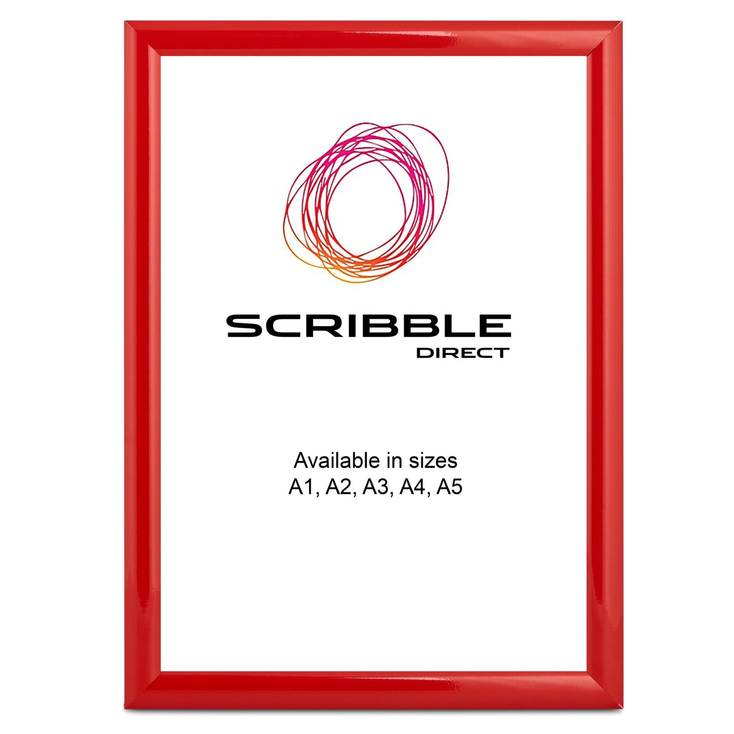 Red picture frame with Scribble Direct logo and text on a white background